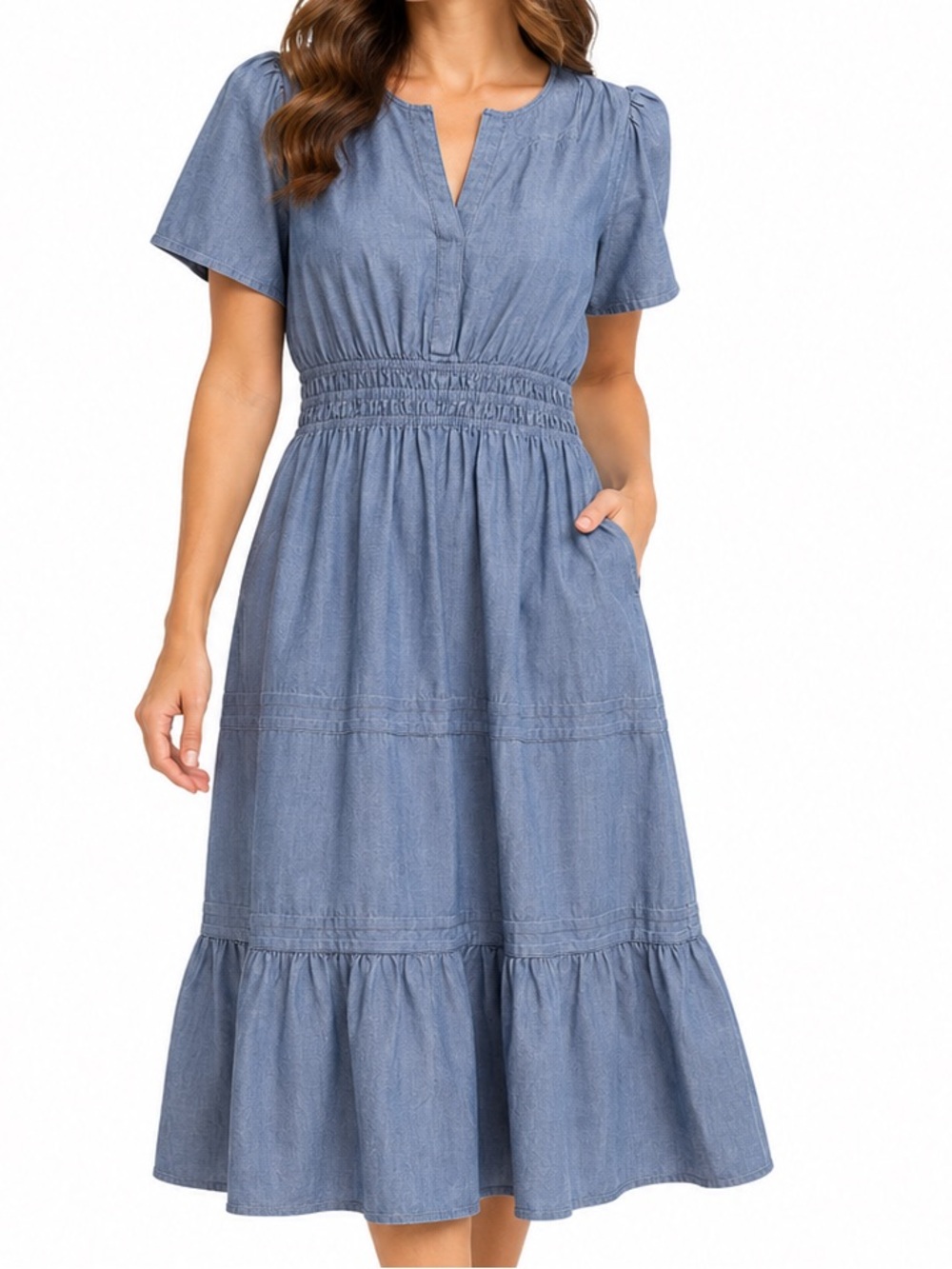 French Connection Chambray Cotton Smocked Waist Tiered Midi Dress M
